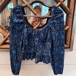Zara Blue and Black Puff Sleeve Smocked Blouse